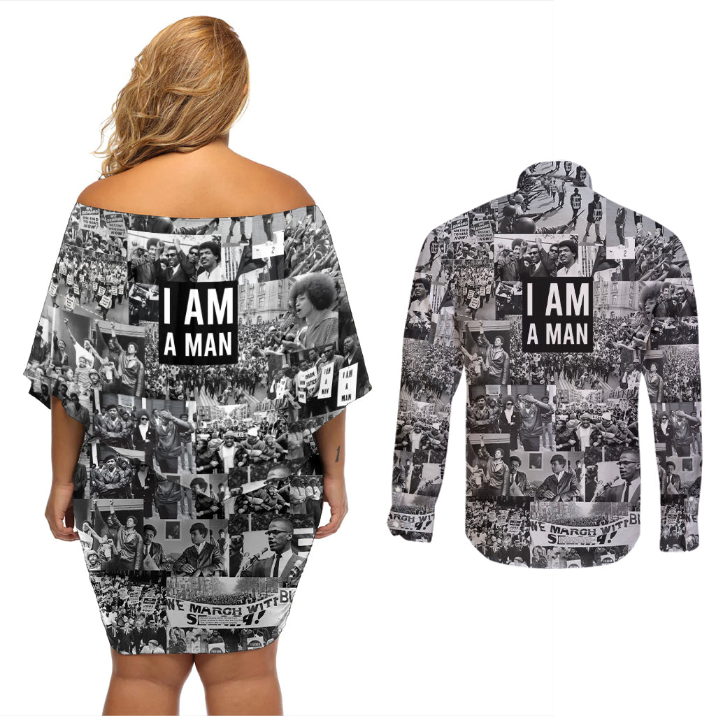 Black Power Couples Matching Off Shoulder Short Dress and Long Sleeve Button Shirt African American Culture - Wonder Print Shop