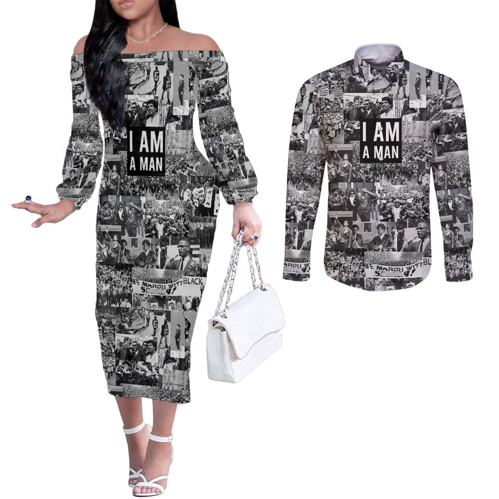 Black Power Couples Matching Off The Shoulder Long Sleeve Dress and Long Sleeve Button Shirt African American Culture