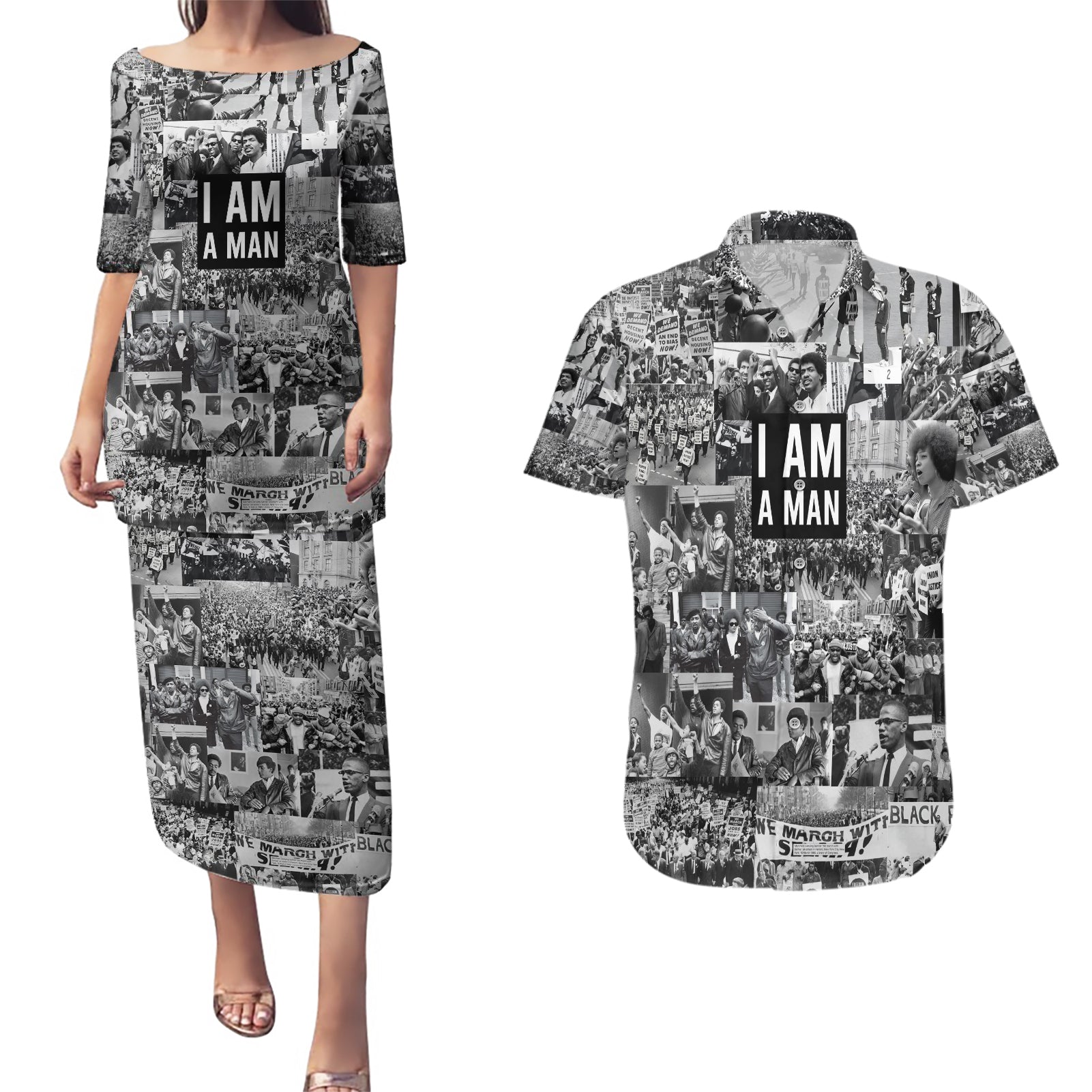 Black Power Couples Matching Puletasi and Hawaiian Shirt African American Culture - Wonder Print Shop