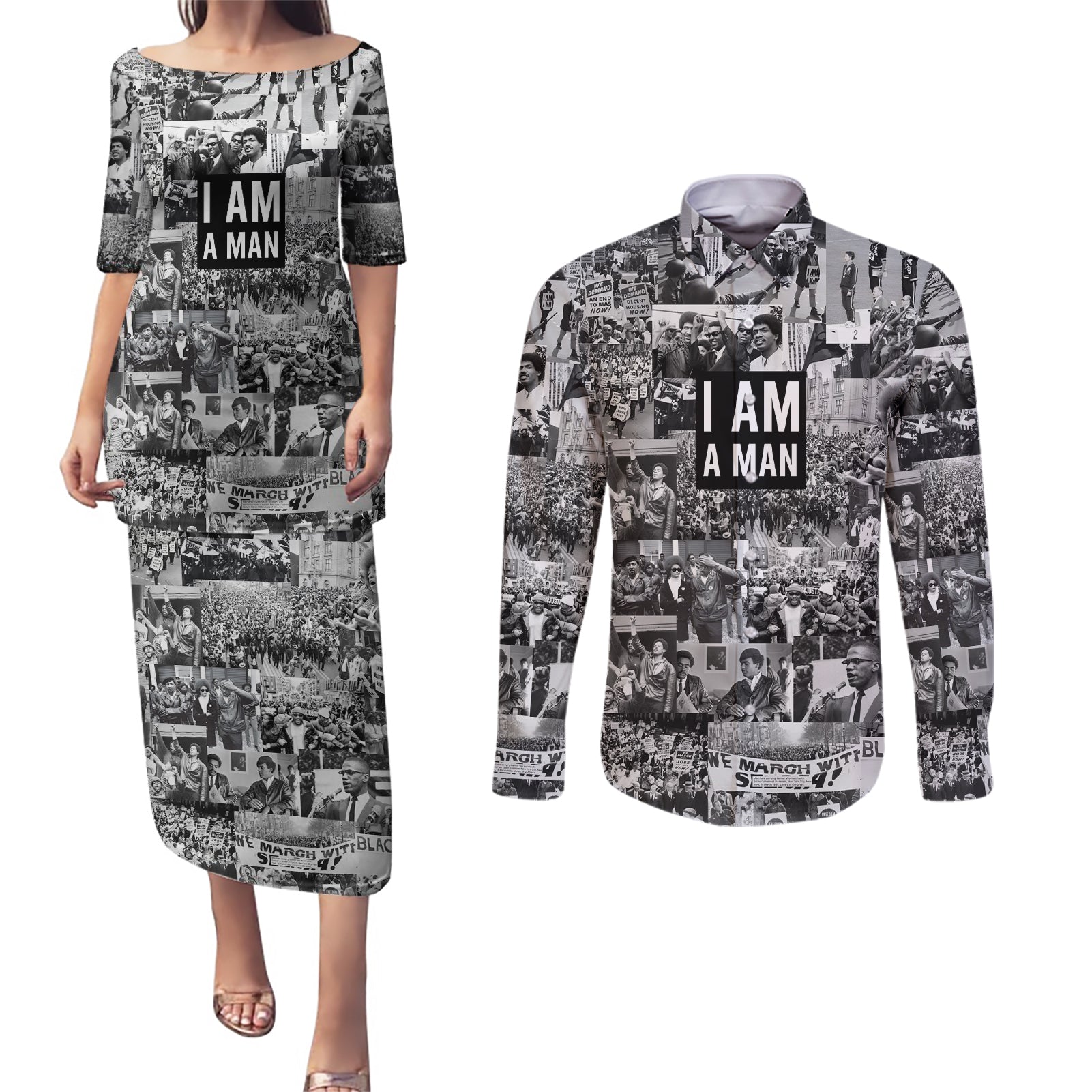 Black Power Couples Matching Puletasi and Long Sleeve Button Shirt African American Culture - Wonder Print Shop