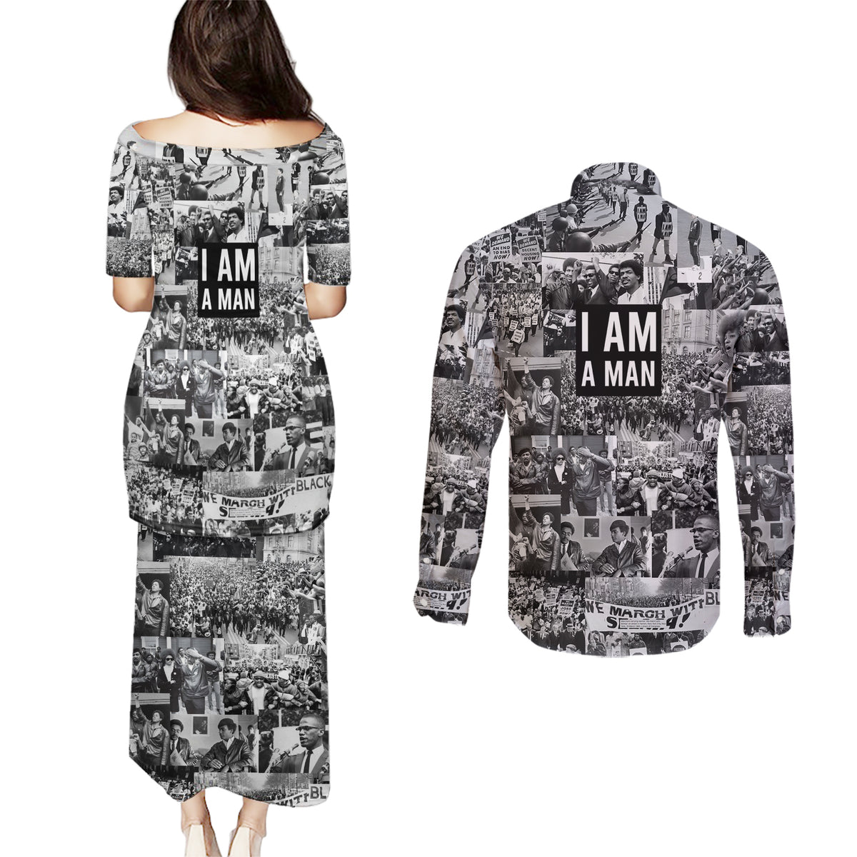 Black Power Couples Matching Puletasi and Long Sleeve Button Shirt African American Culture - Wonder Print Shop