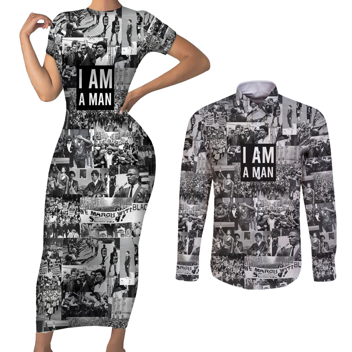 Black Power Couples Matching Short Sleeve Bodycon Dress and Long Sleeve Button Shirt African American Culture - Wonder Print Shop