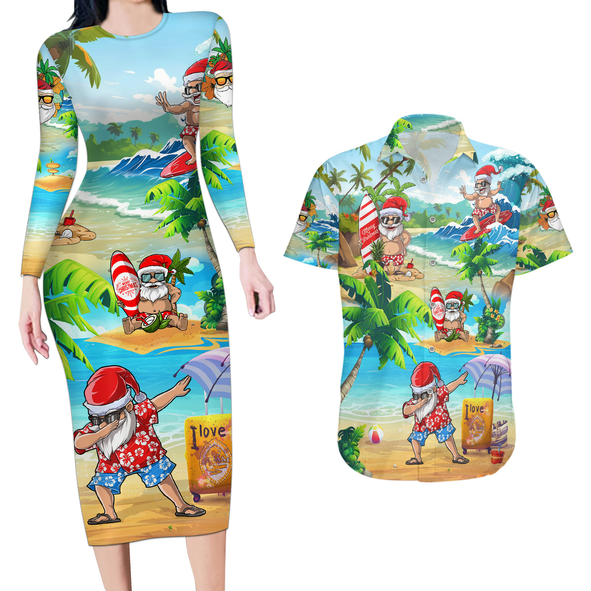 Guam Christmas Couples Matching Long Sleeve Bodycon Dress and Hawaiian Shirt Santa Claus Beach and Wave - Wonder Print Shop