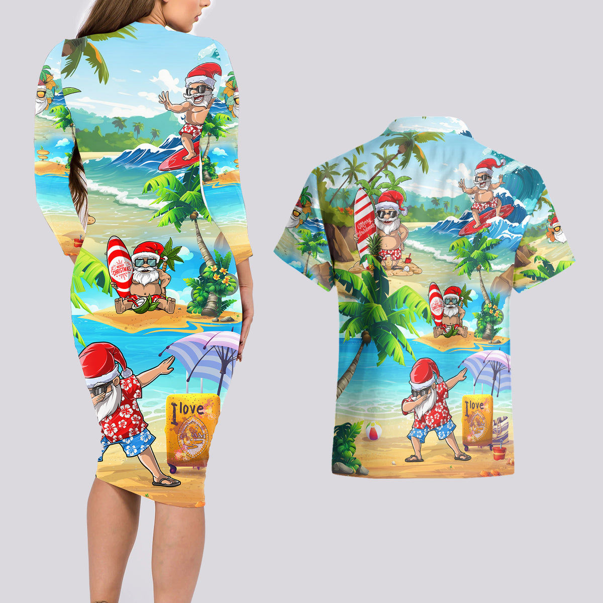 Guam Christmas Couples Matching Long Sleeve Bodycon Dress and Hawaiian Shirt Santa Claus Beach and Wave - Wonder Print Shop