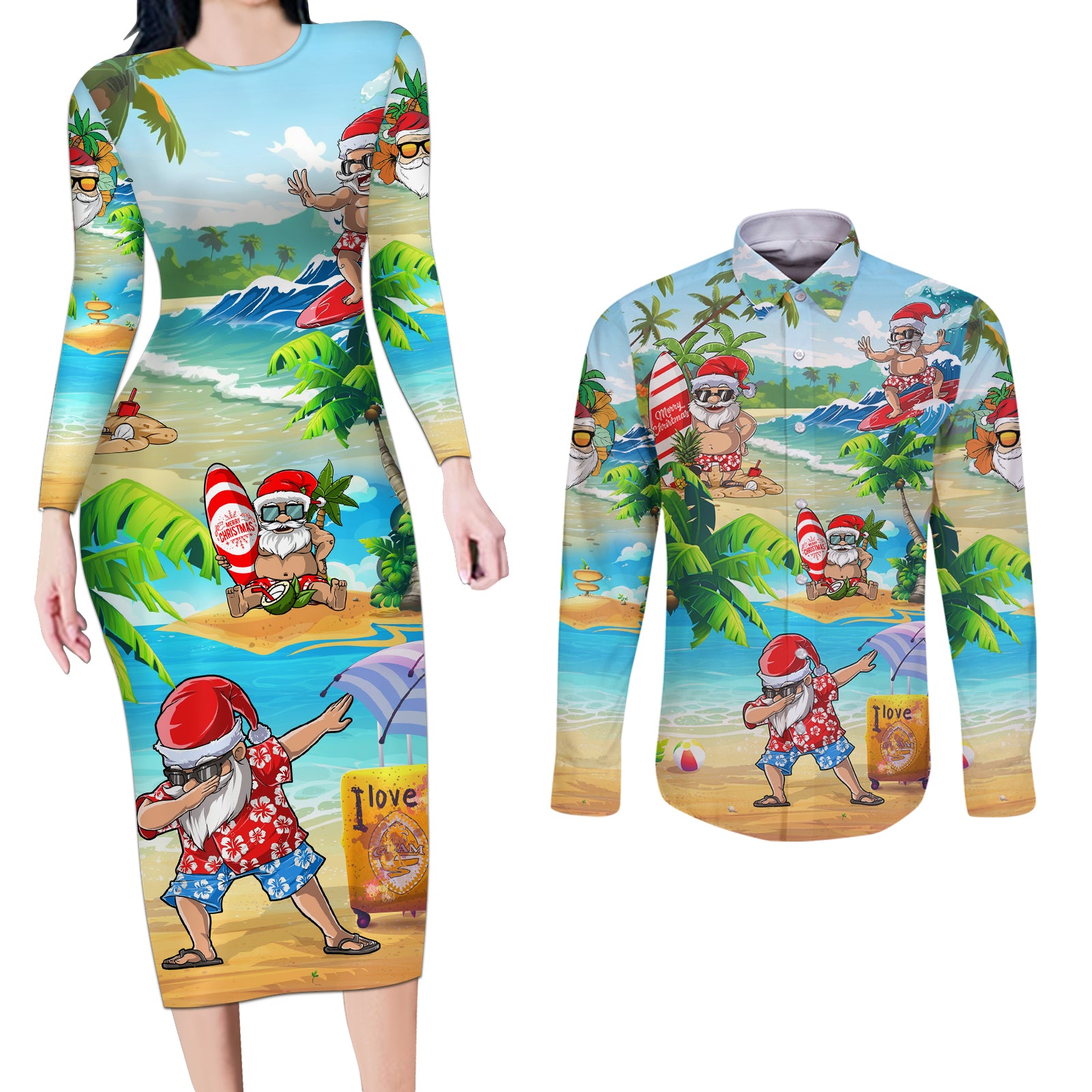 Guam Christmas Couples Matching Long Sleeve Bodycon Dress and Long Sleeve Button Shirts Santa Claus Beach and Wave - Wonder Print Shop