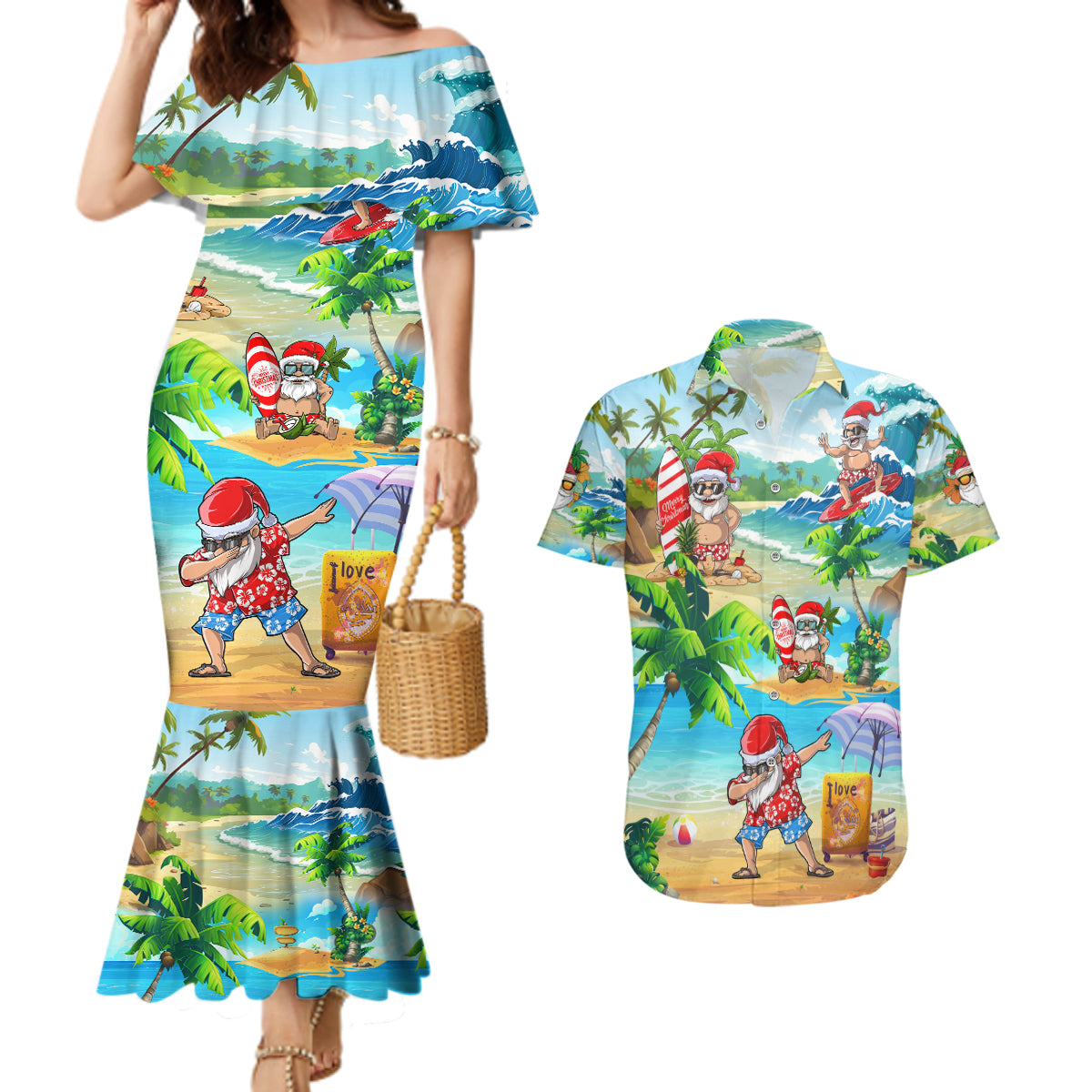 Guam Christmas Couples Matching Mermaid Dress and Hawaiian Shirt Santa Claus Beach and Wave - Wonder Print Shop
