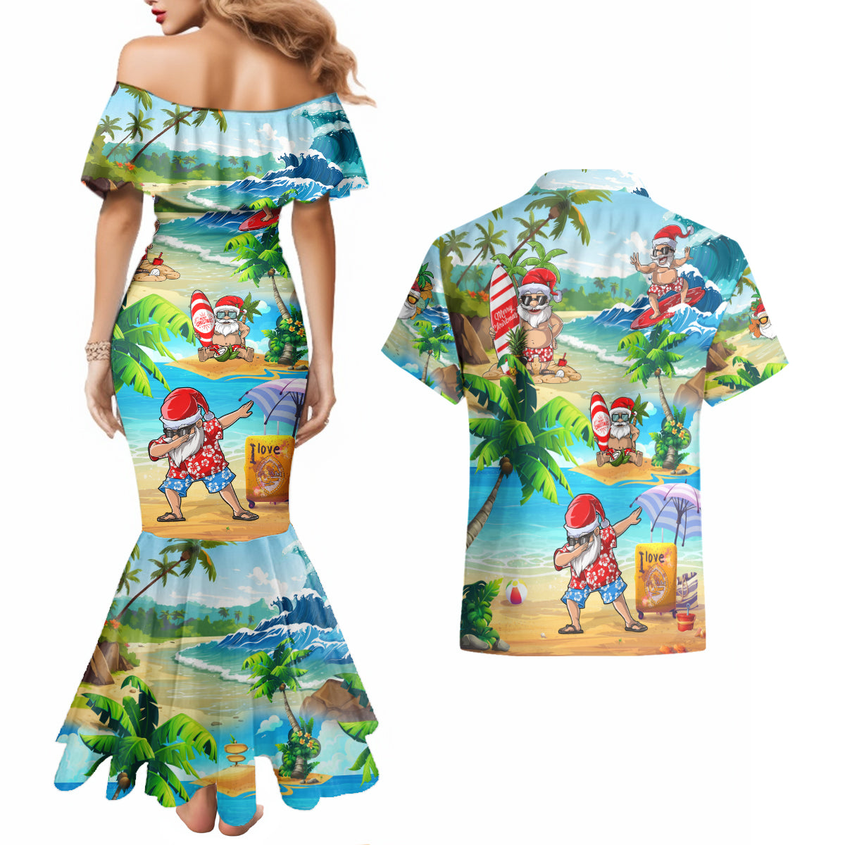 Guam Christmas Couples Matching Mermaid Dress and Hawaiian Shirt Santa Claus Beach and Wave - Wonder Print Shop