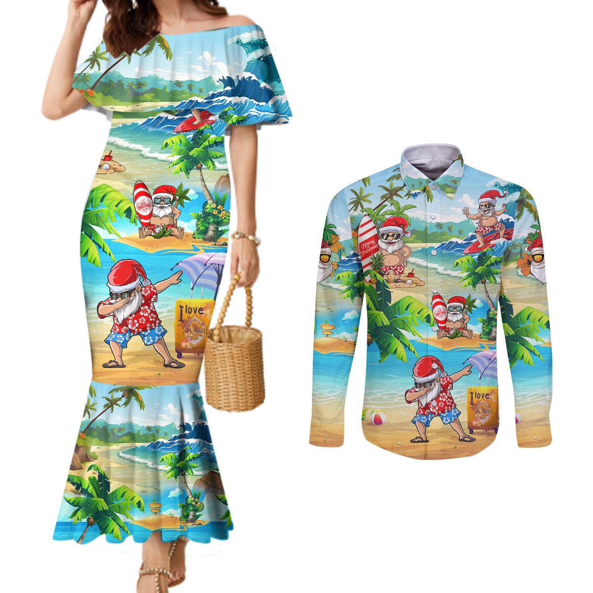 guam-christmas-couples-matching-mermaid-dress-and-long-sleeve-button-shirts-santa-claus-beach-and-wave
