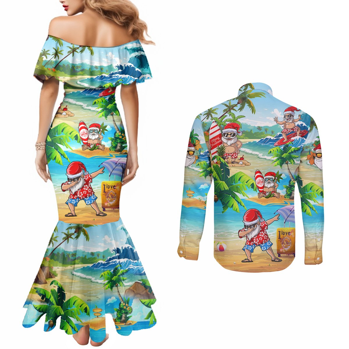 guam-christmas-couples-matching-mermaid-dress-and-long-sleeve-button-shirts-santa-claus-beach-and-wave