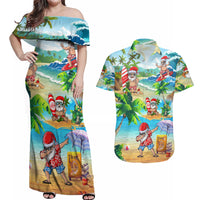 Guam Christmas Couples Matching Off Shoulder Maxi Dress and Hawaiian Shirt Santa Claus Beach and Wave - Wonder Print Shop