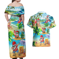 Guam Christmas Couples Matching Off Shoulder Maxi Dress and Hawaiian Shirt Santa Claus Beach and Wave - Wonder Print Shop