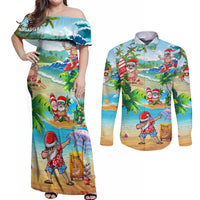 Guam Christmas Couples Matching Off Shoulder Maxi Dress and Long Sleeve Button Shirts Santa Claus Beach and Wave - Wonder Print Shop