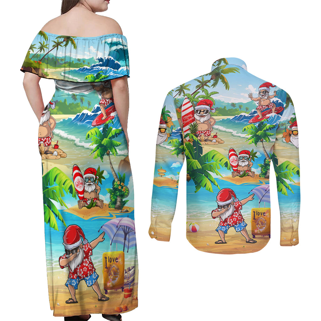 Guam Christmas Couples Matching Off Shoulder Maxi Dress and Long Sleeve Button Shirts Santa Claus Beach and Wave - Wonder Print Shop
