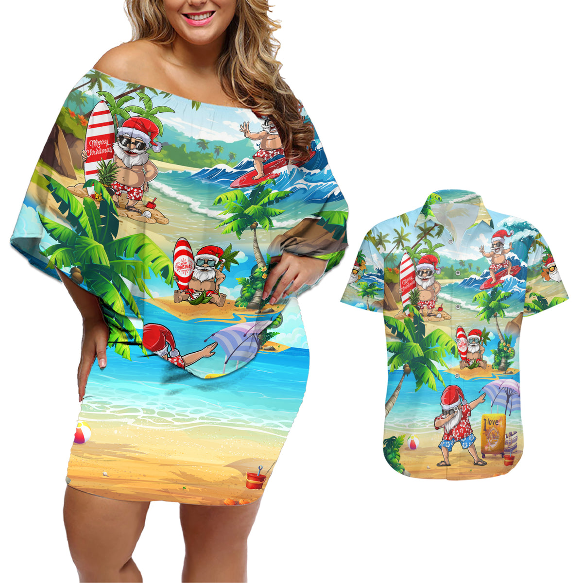 Guam Christmas Couples Matching Off Shoulder Short Dress and Hawaiian Shirt Santa Claus Beach and Wave - Wonder Print Shop