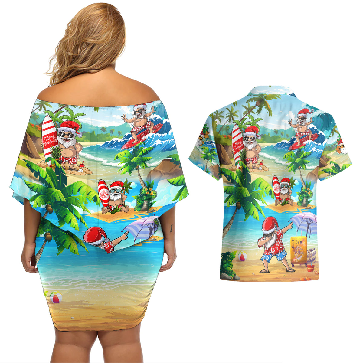 Guam Christmas Couples Matching Off Shoulder Short Dress and Hawaiian Shirt Santa Claus Beach and Wave - Wonder Print Shop