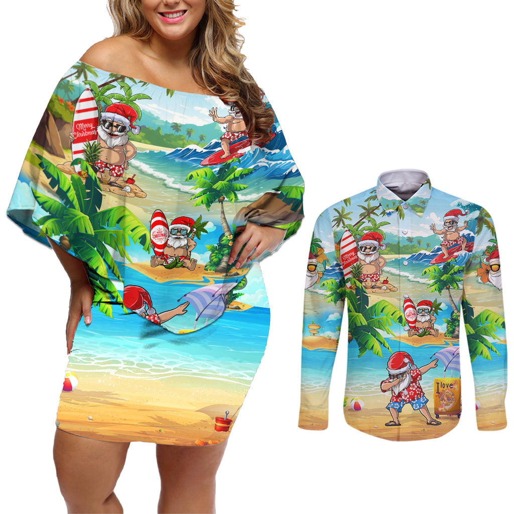 Guam Christmas Couples Matching Off Shoulder Short Dress and Long Sleeve Button Shirts Santa Claus Beach and Wave - Wonder Print Shop