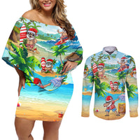 Guam Christmas Couples Matching Off Shoulder Short Dress and Long Sleeve Button Shirts Santa Claus Beach and Wave - Wonder Print Shop