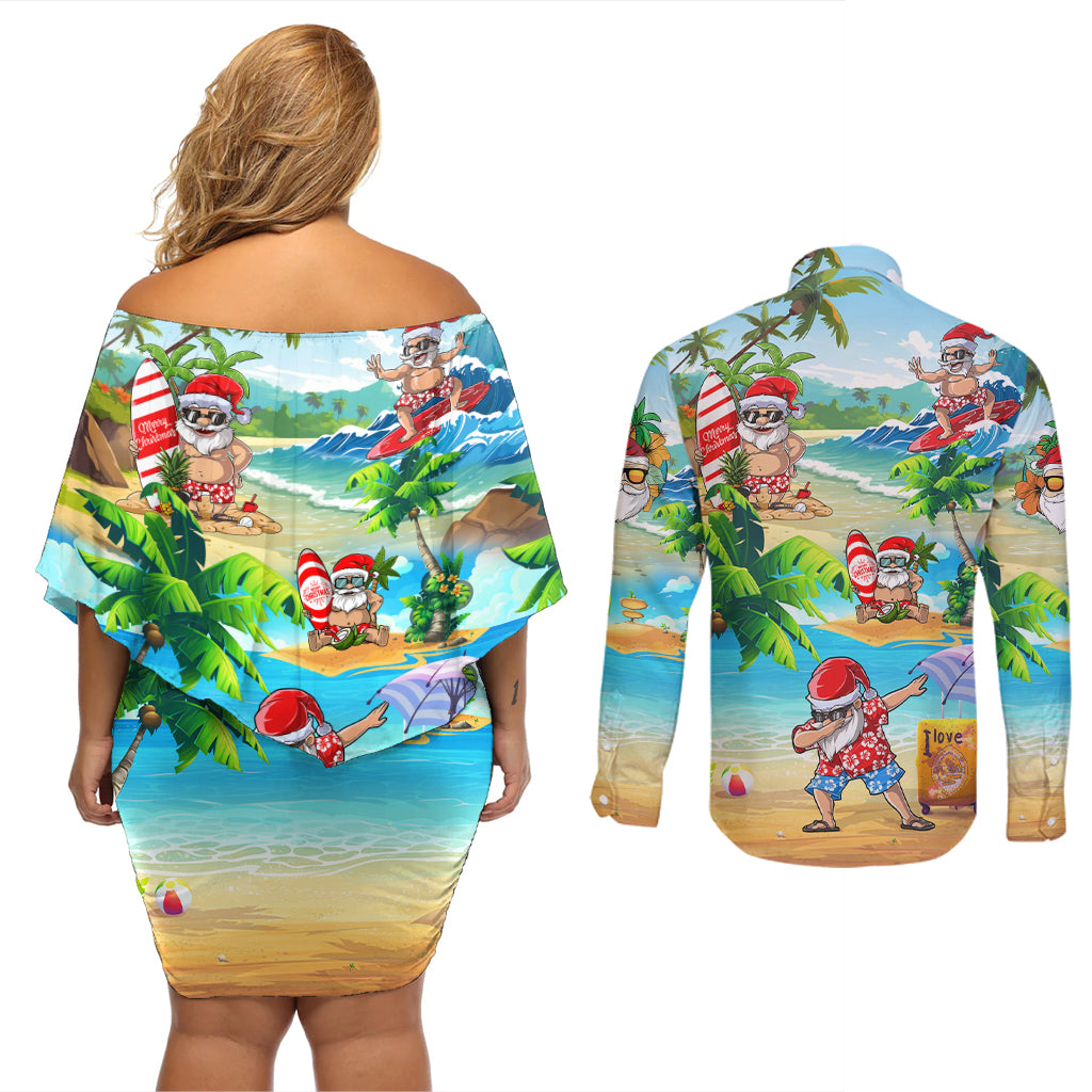 Guam Christmas Couples Matching Off Shoulder Short Dress and Long Sleeve Button Shirts Santa Claus Beach and Wave - Wonder Print Shop