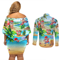 Guam Christmas Couples Matching Off Shoulder Short Dress and Long Sleeve Button Shirts Santa Claus Beach and Wave - Wonder Print Shop