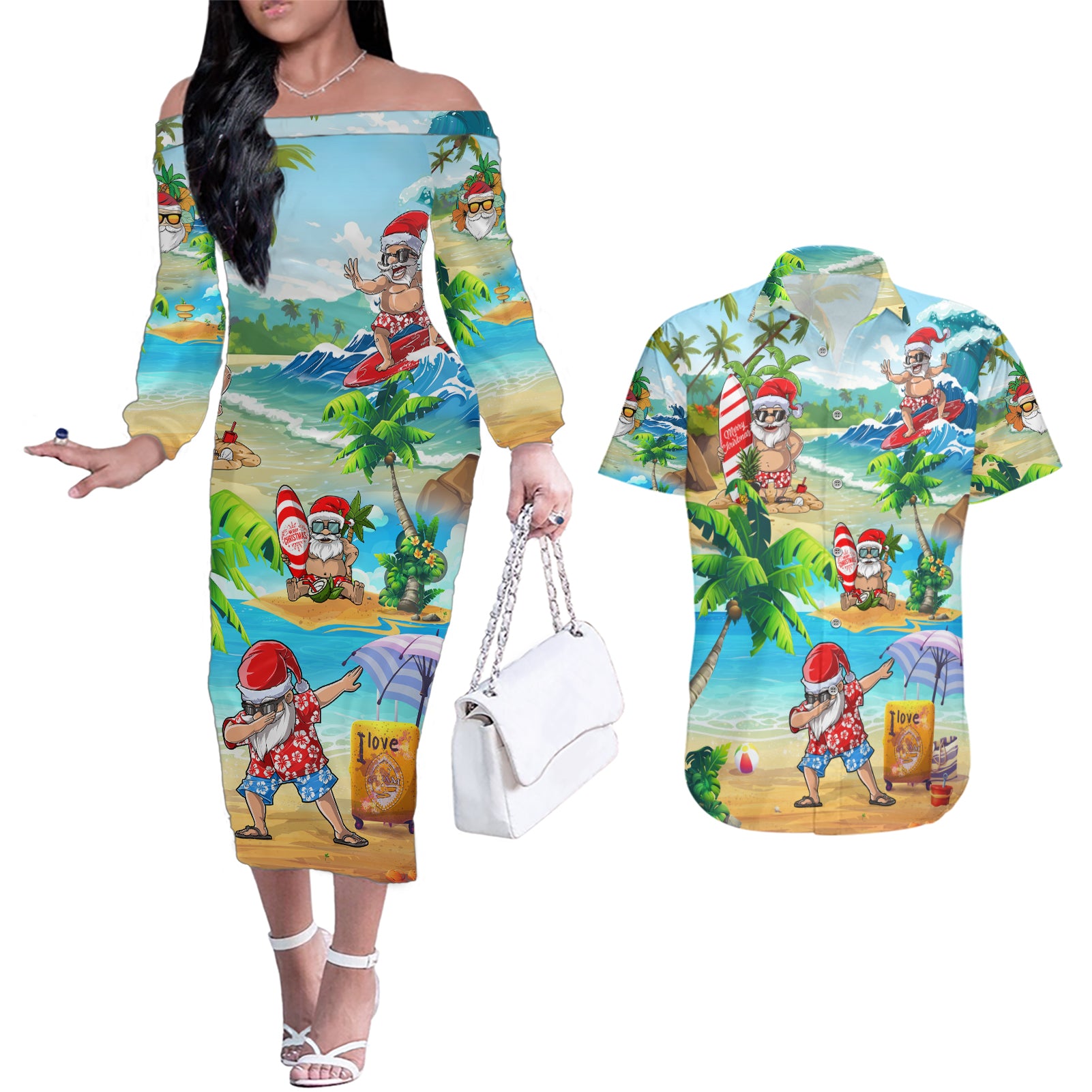 Guam Christmas Couples Matching Off The Shoulder Long Sleeve Dress and Hawaiian Shirt Santa Claus Beach and Wave - Wonder Print Shop