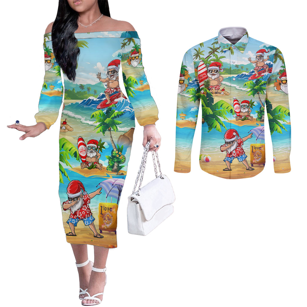 guam-christmas-couples-matching-off-the-shoulder-long-sleeve-dress-and-long-sleeve-button-shirts-santa-claus-beach-and-wave
