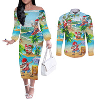guam-christmas-couples-matching-off-the-shoulder-long-sleeve-dress-and-long-sleeve-button-shirts-santa-claus-beach-and-wave