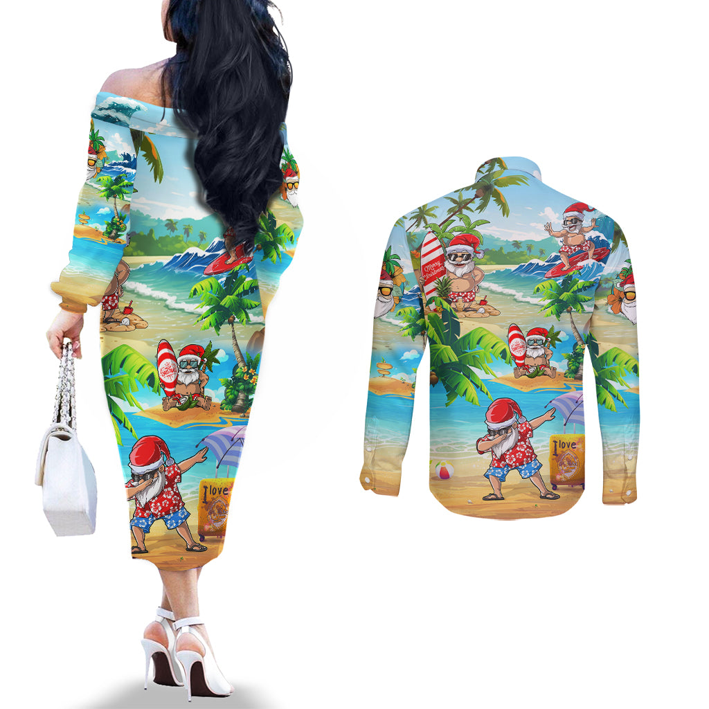 guam-christmas-couples-matching-off-the-shoulder-long-sleeve-dress-and-long-sleeve-button-shirts-santa-claus-beach-and-wave