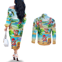 guam-christmas-couples-matching-off-the-shoulder-long-sleeve-dress-and-long-sleeve-button-shirts-santa-claus-beach-and-wave