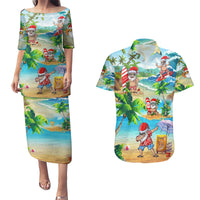 Guam Christmas Couples Matching Puletasi Dress and Hawaiian Shirt Santa Claus Beach and Wave - Wonder Print Shop