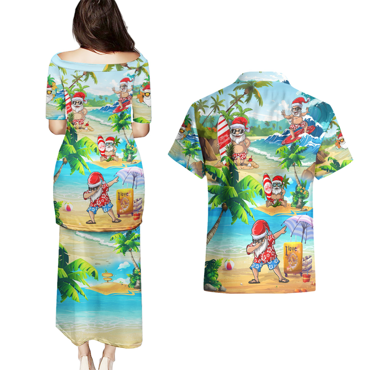 Guam Christmas Couples Matching Puletasi Dress and Hawaiian Shirt Santa Claus Beach and Wave - Wonder Print Shop