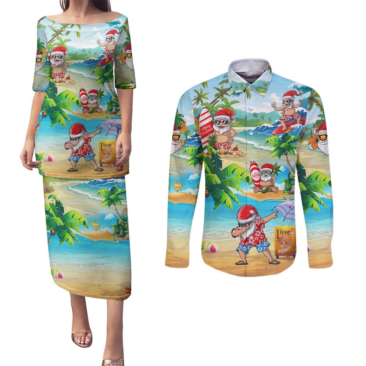 Guam Christmas Couples Matching Puletasi Dress and Long Sleeve Button Shirts Santa Claus Beach and Wave - Wonder Print Shop