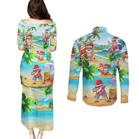 Guam Christmas Couples Matching Puletasi Dress and Long Sleeve Button Shirts Santa Claus Beach and Wave - Wonder Print Shop