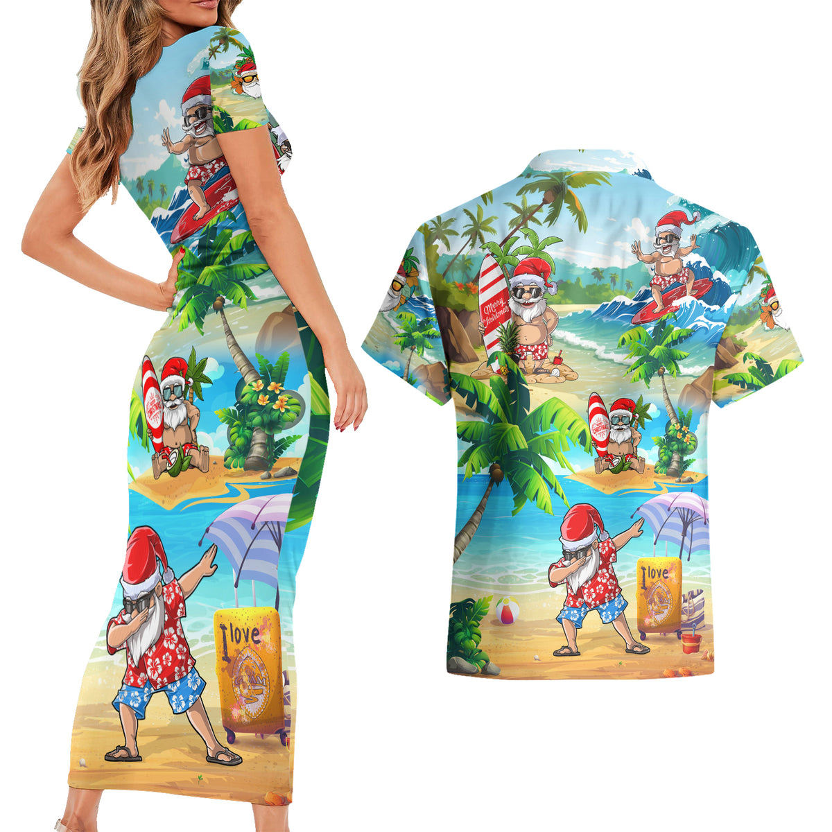 Guam Christmas Couples Matching Short Sleeve Bodycon Dress and Hawaiian Shirt Santa Claus Beach and Wave - Wonder Print Shop