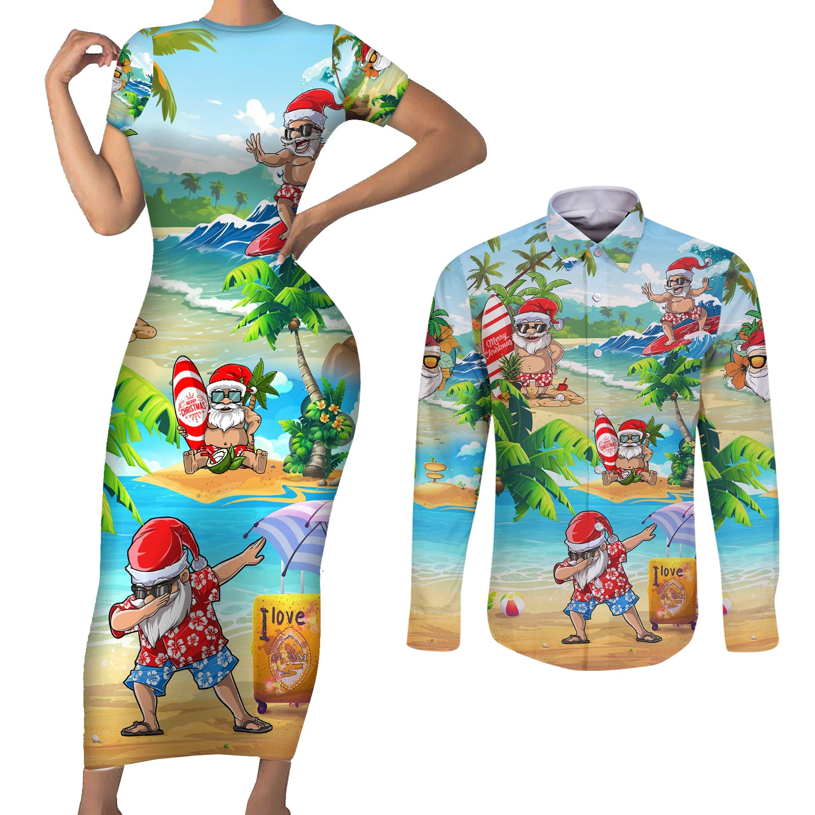Guam Christmas Couples Matching Short Sleeve Bodycon Dress and Long Sleeve Button Shirts Santa Claus Beach and Wave - Wonder Print Shop