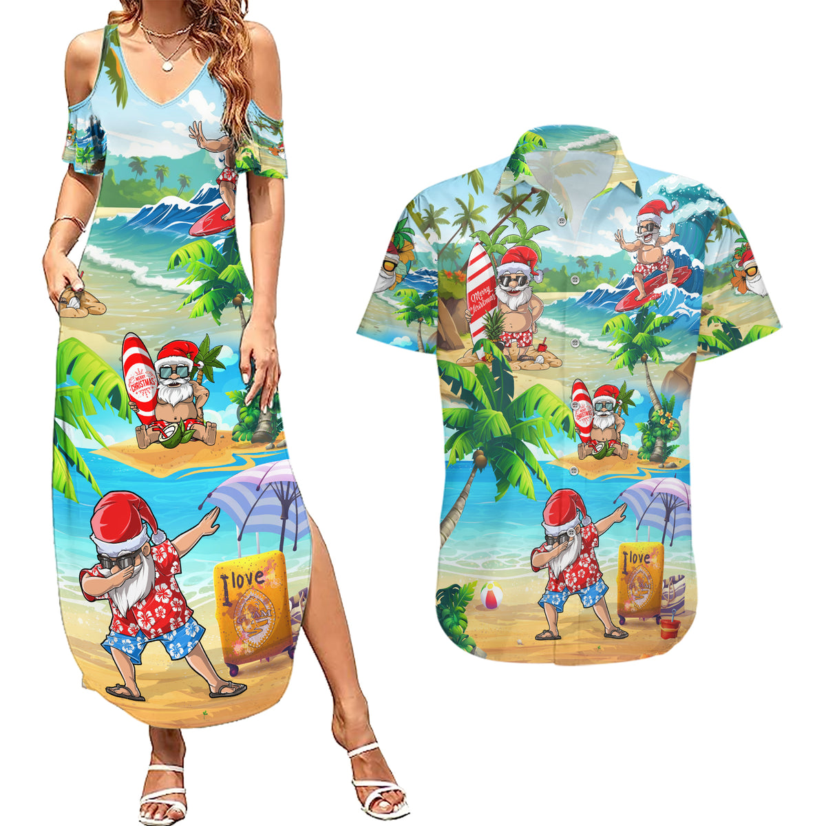 Guam Christmas Couples Matching Summer Maxi Dress and Hawaiian Shirt Santa Claus Beach and Wave - Wonder Print Shop