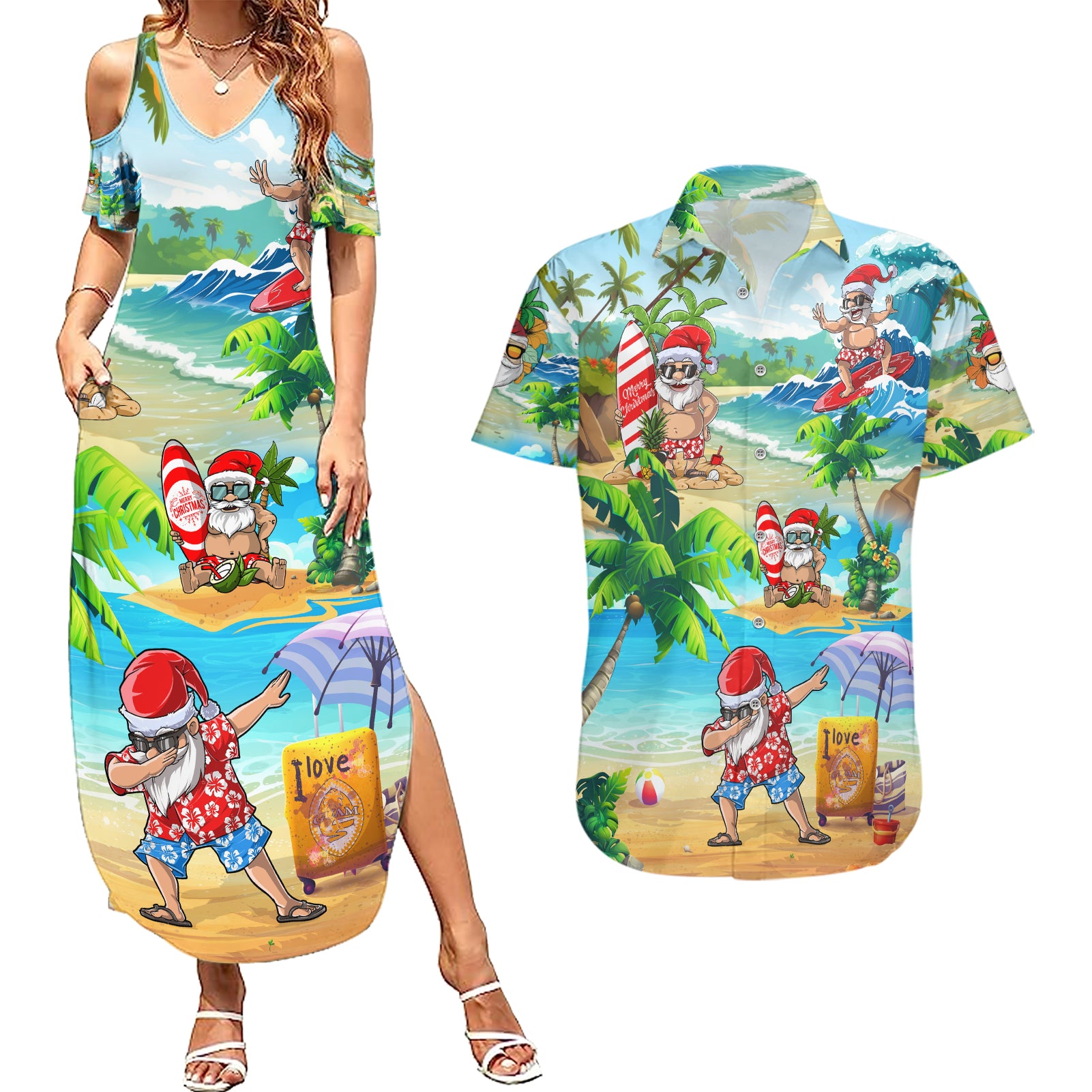 Guam Christmas Couples Matching Summer Maxi Dress and Hawaiian Shirt Santa Claus Beach and Wave - Wonder Print Shop