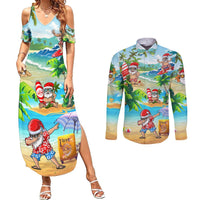 Guam Christmas Couples Matching Summer Maxi Dress and Long Sleeve Button Shirts Santa Claus Beach and Wave - Wonder Print Shop