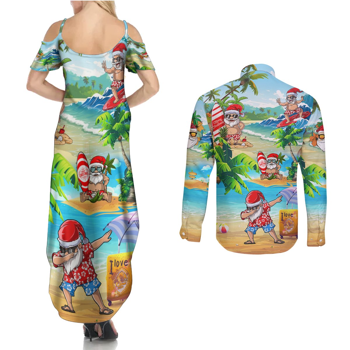 Guam Christmas Couples Matching Summer Maxi Dress and Long Sleeve Button Shirts Santa Claus Beach and Wave - Wonder Print Shop