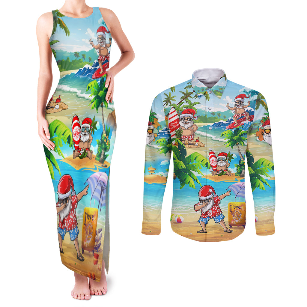 Guam Christmas Couples Matching Tank Maxi Dress and Long Sleeve Button Shirts Santa Claus Beach and Wave - Wonder Print Shop