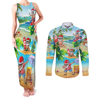 Guam Christmas Couples Matching Tank Maxi Dress and Long Sleeve Button Shirts Santa Claus Beach and Wave - Wonder Print Shop
