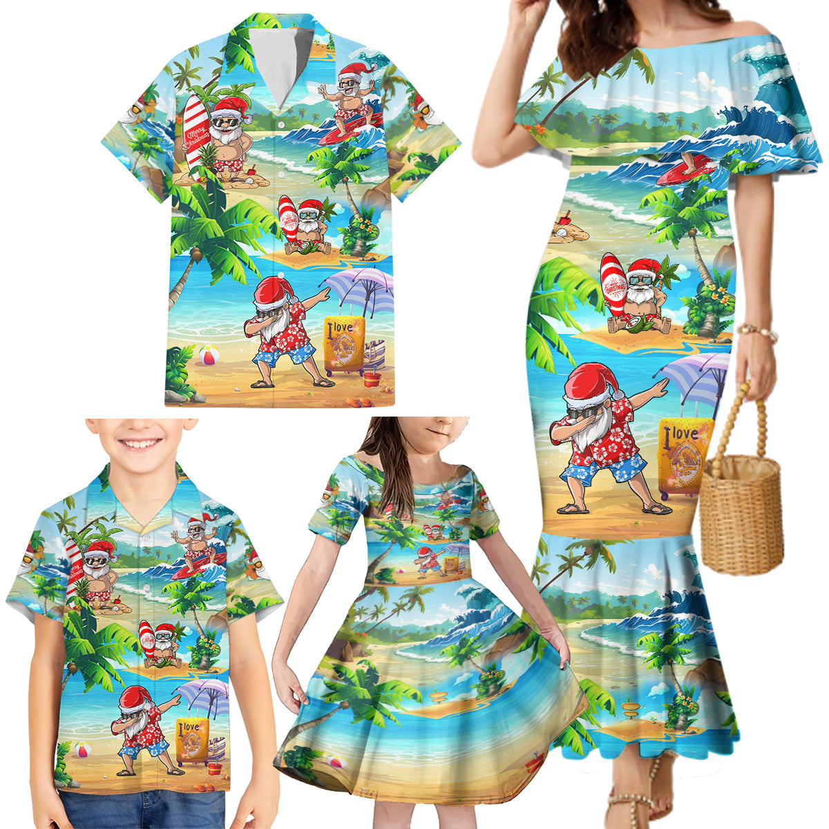 Guam Christmas Family Matching Mermaid Dress and Hawaiian Shirt Santa Claus Beach and Wave - Wonder Print Shop