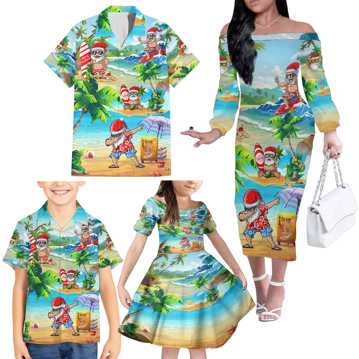 Guam Christmas Family Matching Off Shoulder Long Sleeve Dress and Hawaiian Shirt Santa Claus Beach and Wave - Wonder Print Shop