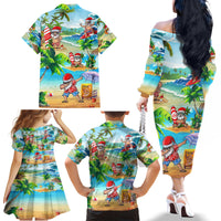 Guam Christmas Family Matching Off Shoulder Long Sleeve Dress and Hawaiian Shirt Santa Claus Beach and Wave - Wonder Print Shop
