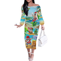 Guam Christmas Family Matching Off Shoulder Long Sleeve Dress and Hawaiian Shirt Santa Claus Beach and Wave - Wonder Print Shop