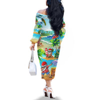 Guam Christmas Family Matching Off Shoulder Long Sleeve Dress and Hawaiian Shirt Santa Claus Beach and Wave - Wonder Print Shop