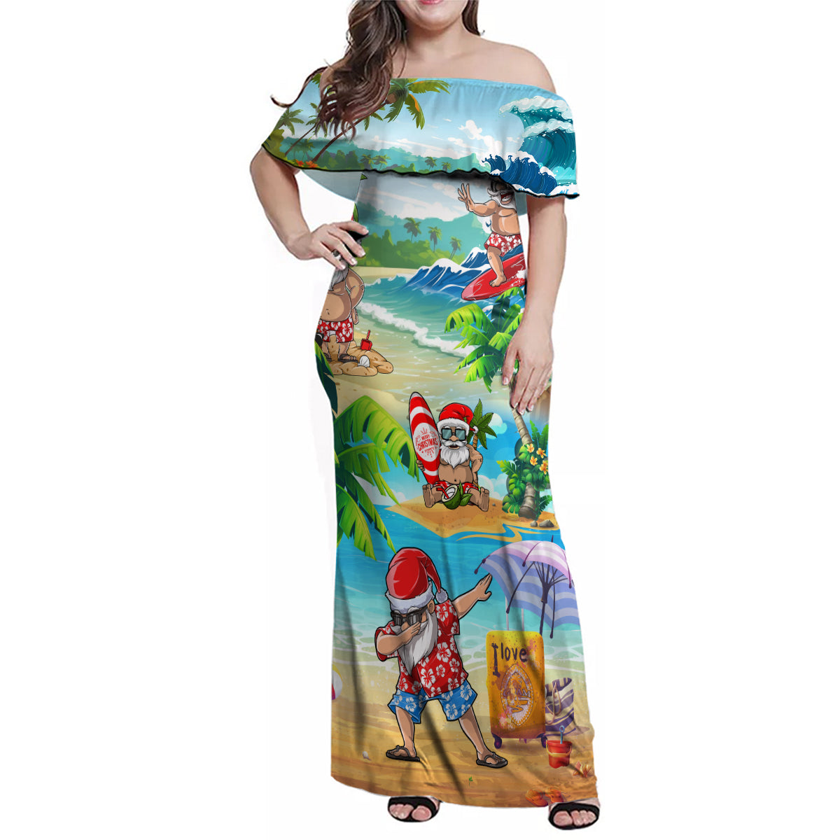 Guam Christmas Family Matching Off Shoulder Maxi Dress and Hawaiian Shirt Santa Claus Beach and Wave - Wonder Print Shop