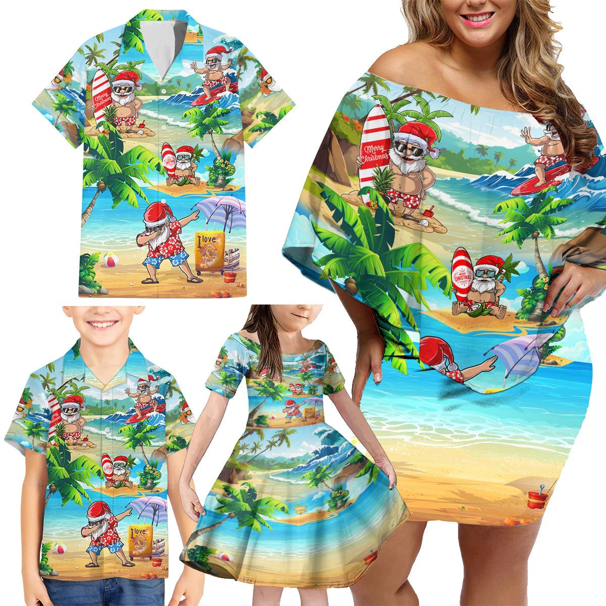 Guam Christmas Family Matching Off Shoulder Short Dress and Hawaiian Shirt Santa Claus Beach and Wave - Wonder Print Shop