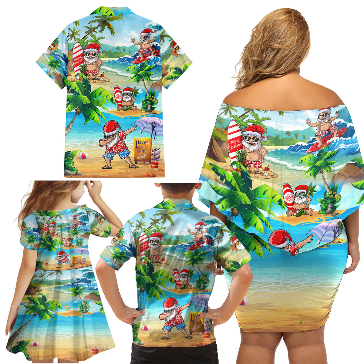 Guam Christmas Family Matching Off Shoulder Short Dress and Hawaiian Shirt Santa Claus Beach and Wave - Wonder Print Shop
