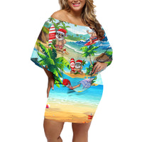 Guam Christmas Family Matching Off Shoulder Short Dress and Hawaiian Shirt Santa Claus Beach and Wave - Wonder Print Shop