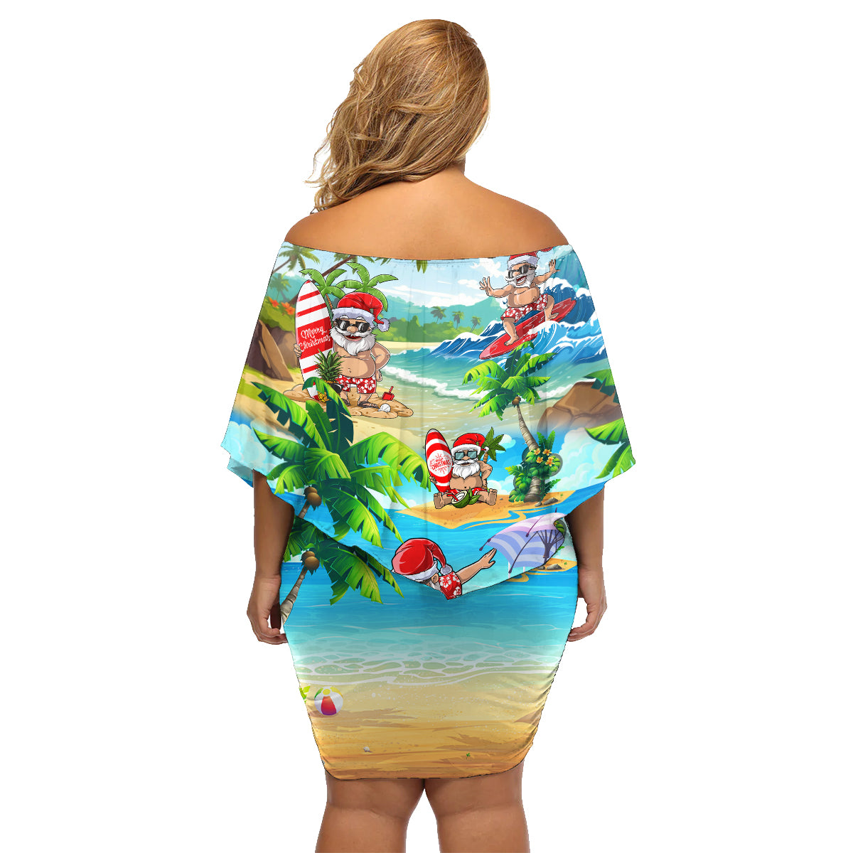 Guam Christmas Family Matching Off Shoulder Short Dress and Hawaiian Shirt Santa Claus Beach and Wave - Wonder Print Shop